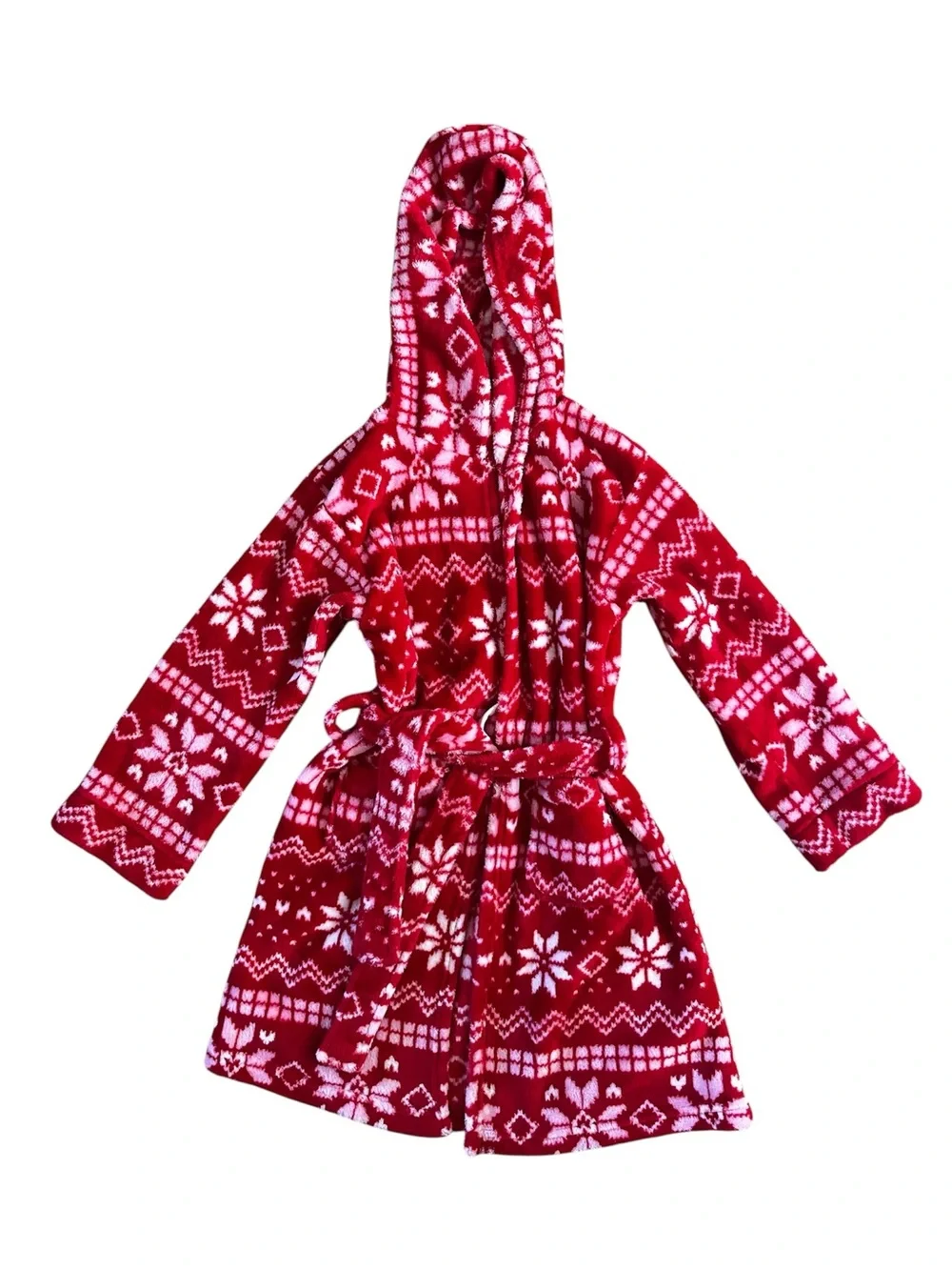 Cuddl Duds Red and White Hooded Kids Fleece Robe with Snowflake Print